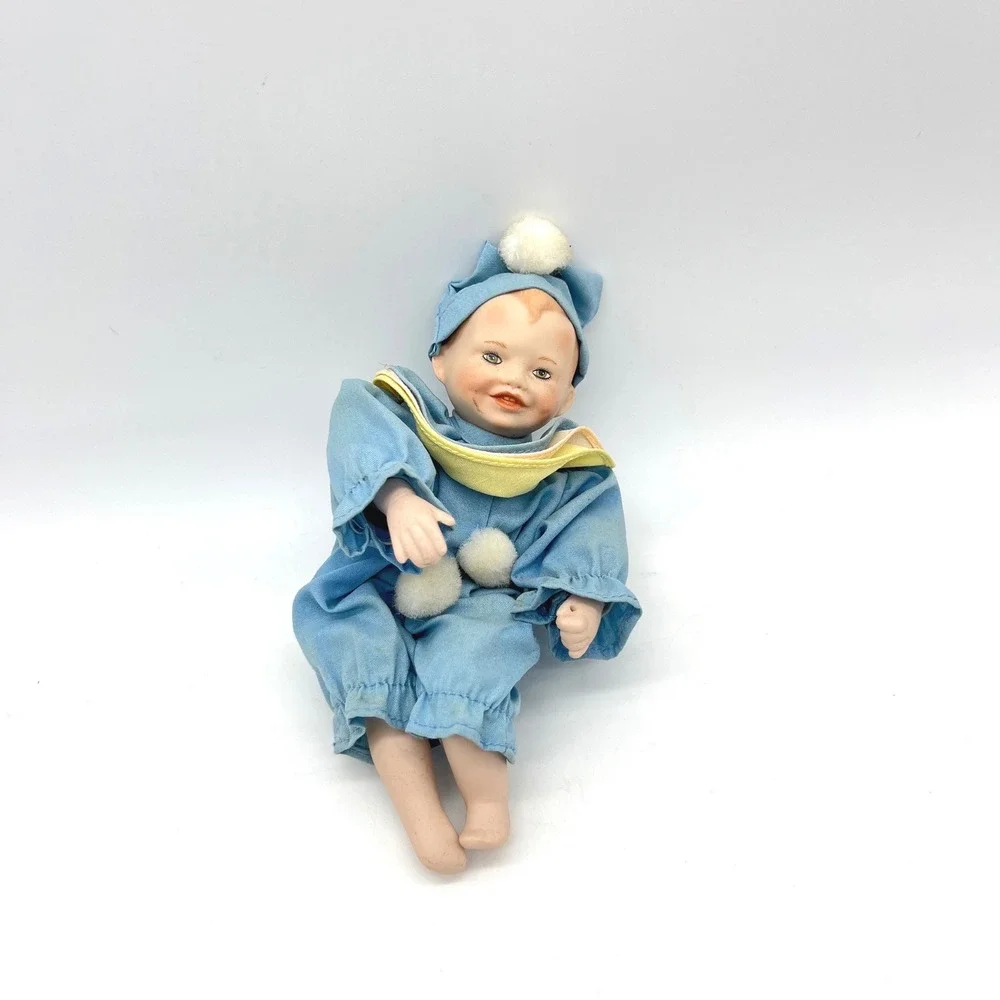 Vintage Yolanda Bello Porcelain Baby Clown Doll Blue‎ Jester 7 Inch Signed